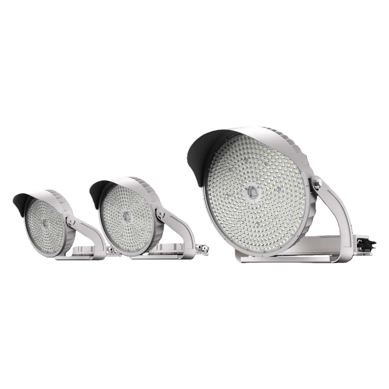 Set of three circular metal lights on a white background