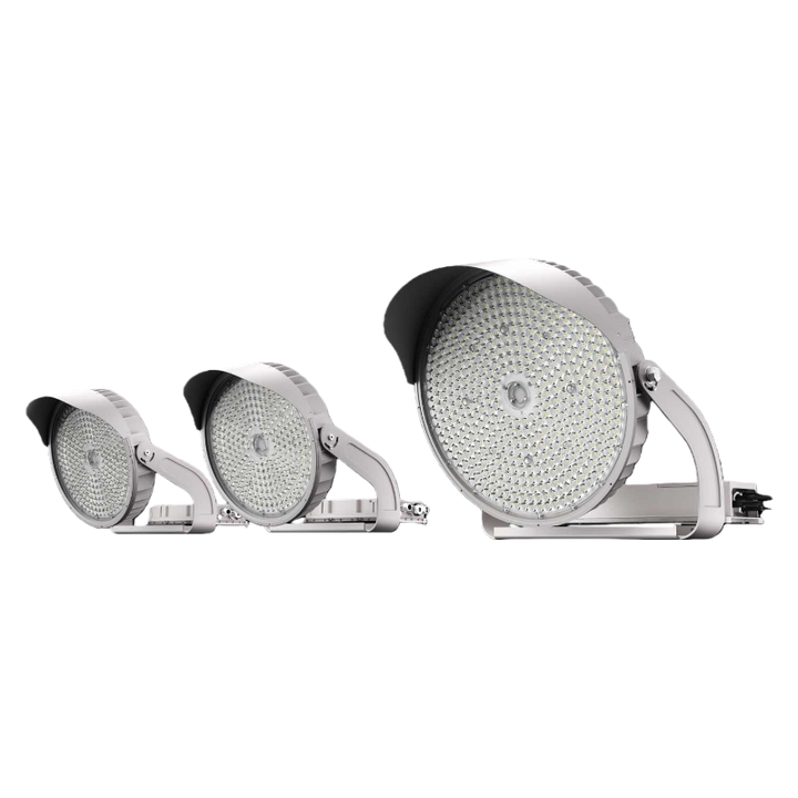 Set of three circular metal lights on a white background