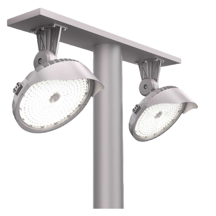 Two outdoor floodlights on a white background
