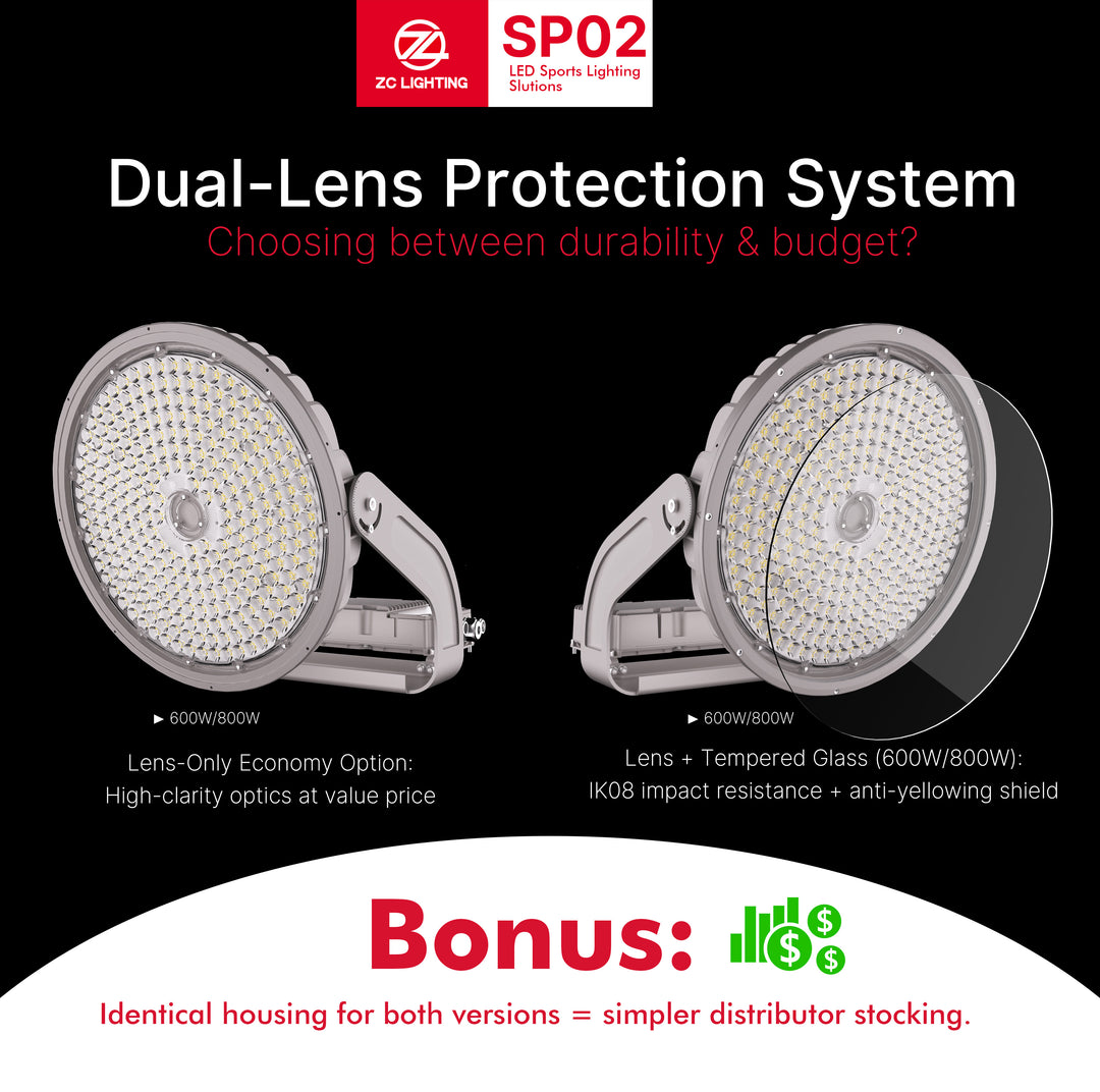 ZC Lighting SP02 dual-lens protection system with text on durability and budget.
