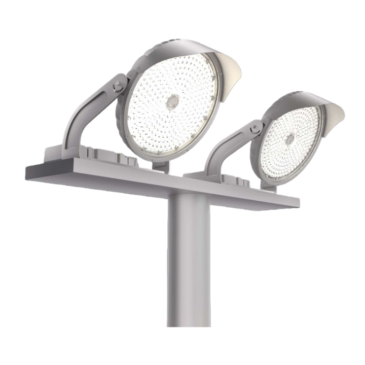 stadium light fixture with two circular lights on a black background