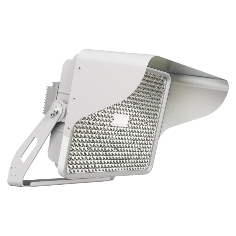 White outdoor floodlight with textured surface on a white background