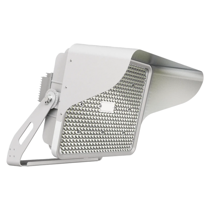 White outdoor floodlight with textured surface on a white background