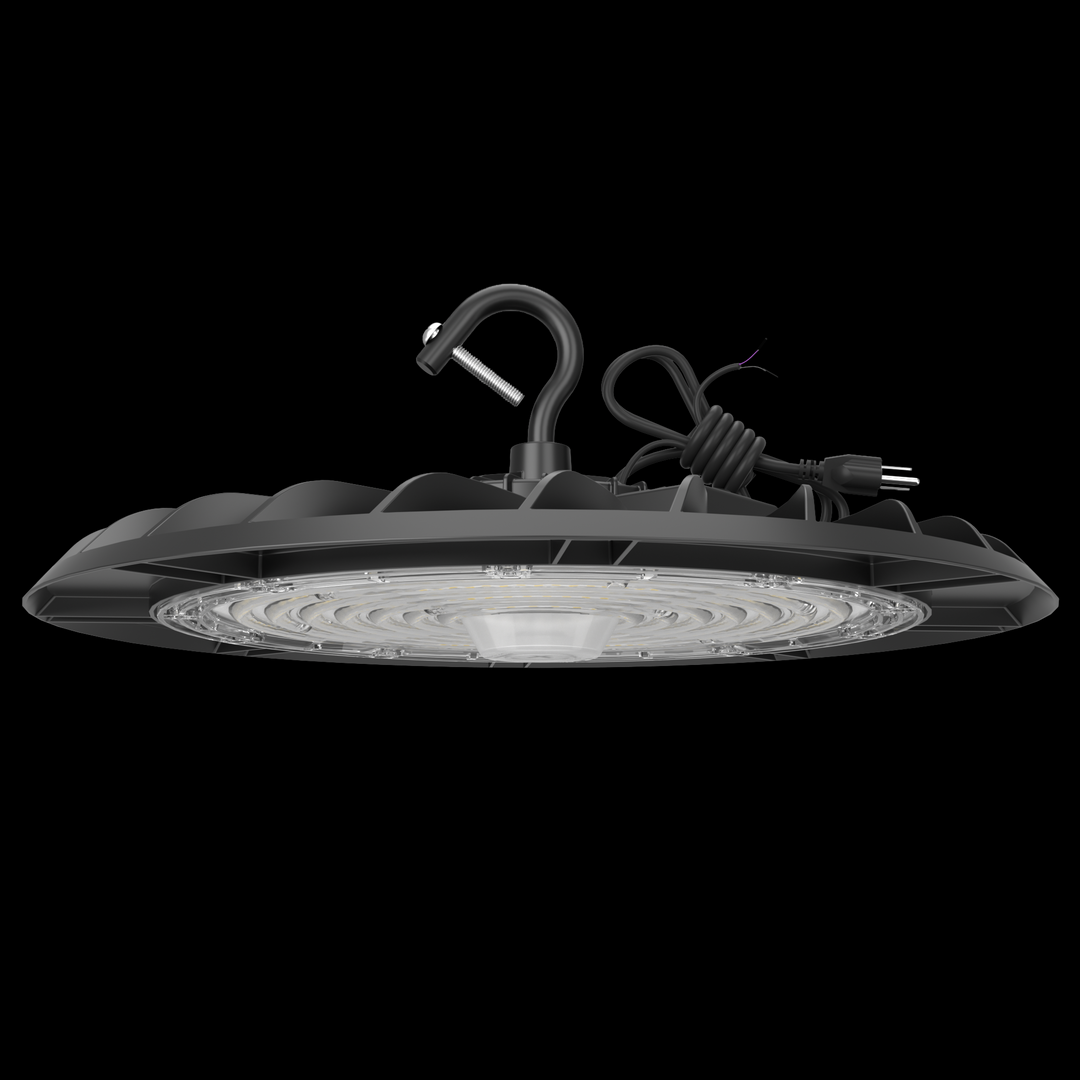 An LED UFO High Bay Light with a black casing and a hanging bracket.