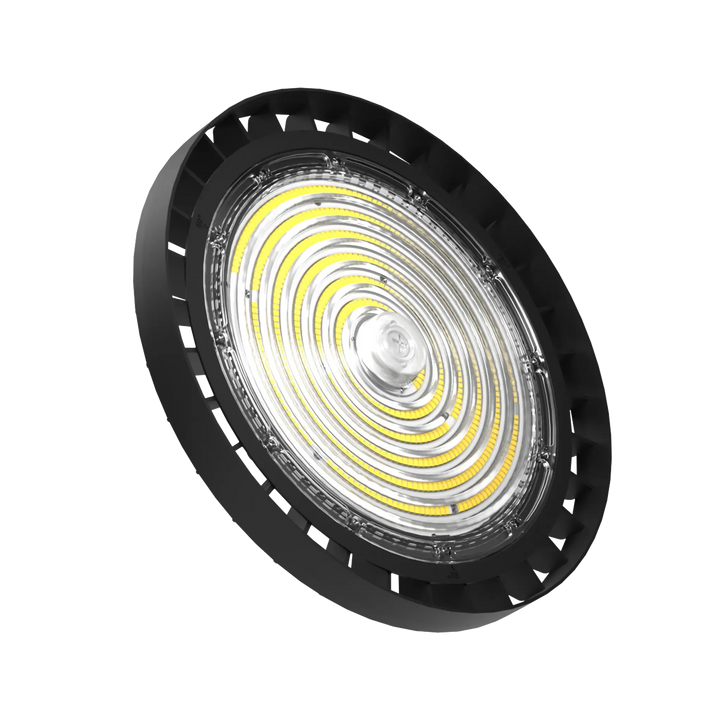 Black LED UFO High Bay Light HB12 with stand, lying on its side
