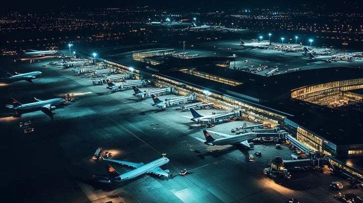 Aerial view of an airport at night with illuminated runways and parked airplanes.