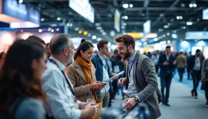 People networking at a trade show or conference.