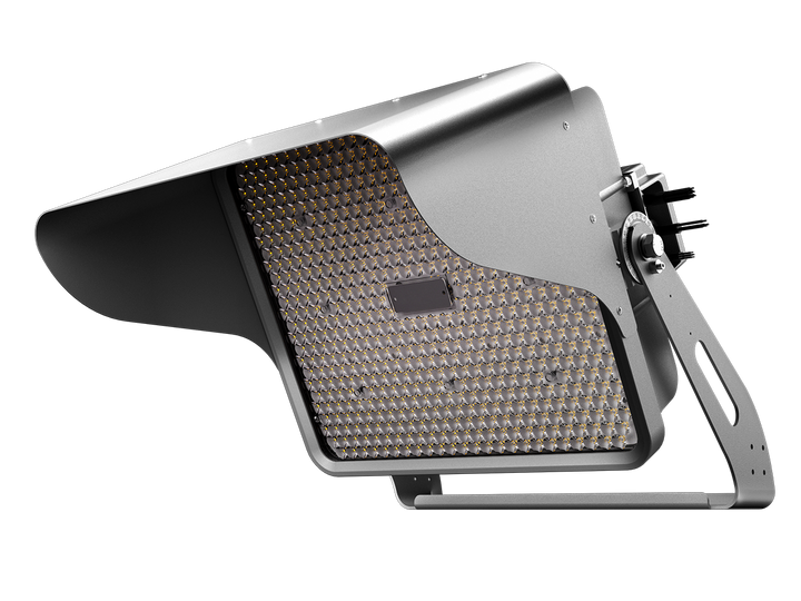 LED floodlight with honeycomb grid on a white background