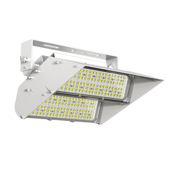 LED flood light with visible LED chips on a white background