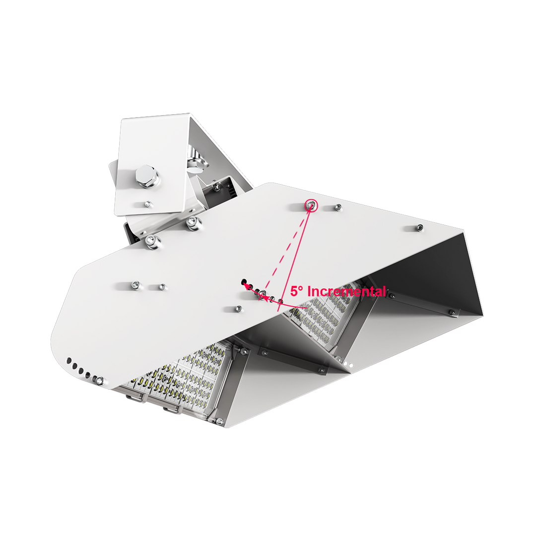 Ceiling-mounted light fixture with adjustable feature labeled &