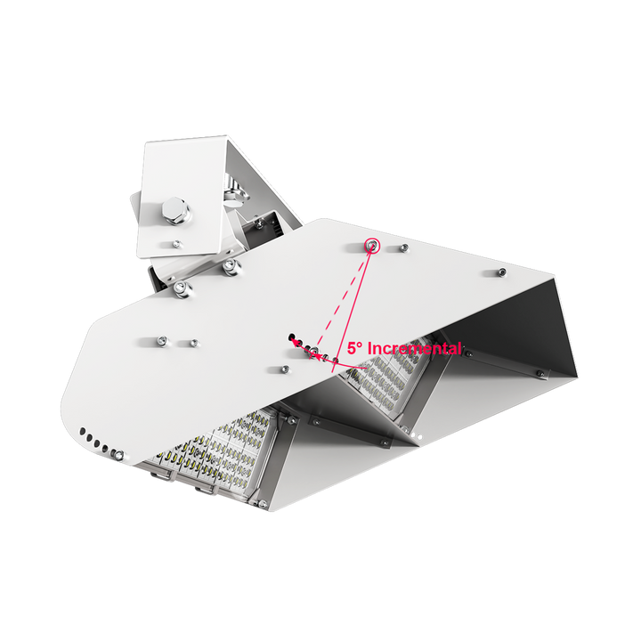 Ceiling-mounted light fixture with adjustable feature labeled &