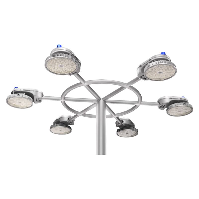 five white HM01-R 750W round high-mast lights with tail poles