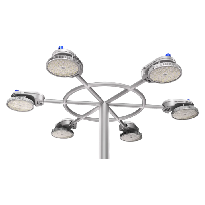 five white HM01-R 750W round high-mast lights with tail poles