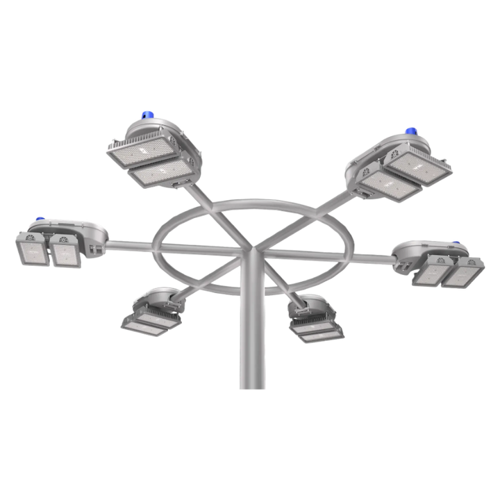 Five white HM01-S 800W round high mast lights with sensors and tail poles