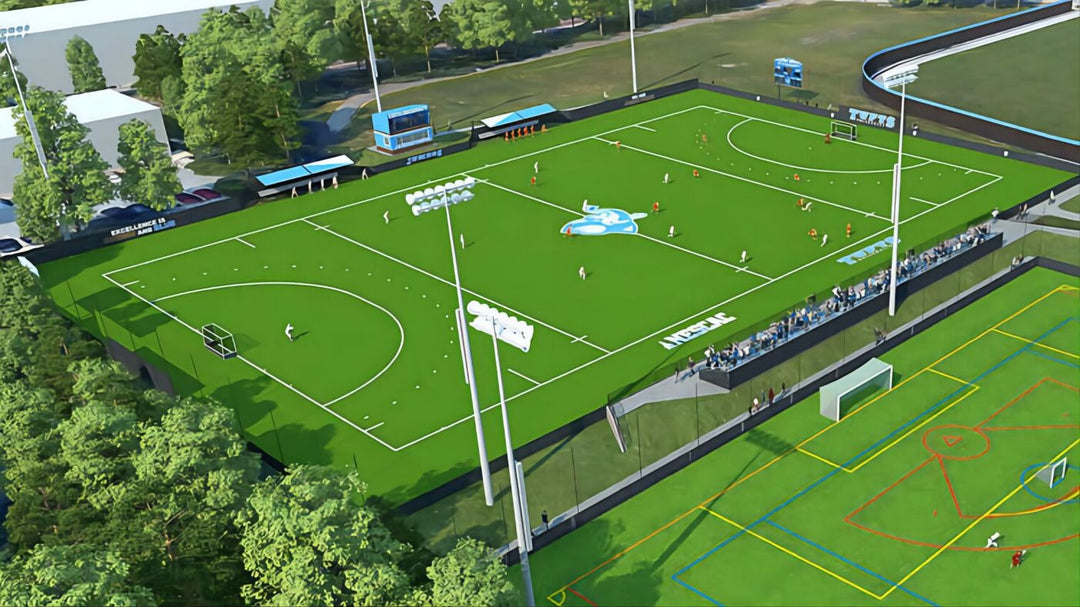 Soccer field with goalposts and surrounding area, including trees and buildings.