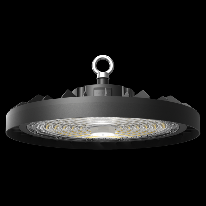 An LED UFO high bay light with a metallic silver finish and a central LED panel surrounded by a ring for mounting.