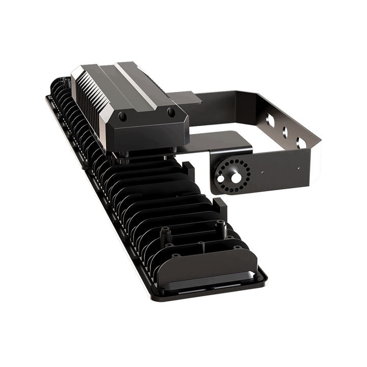 Black metal bracket or component on a white background