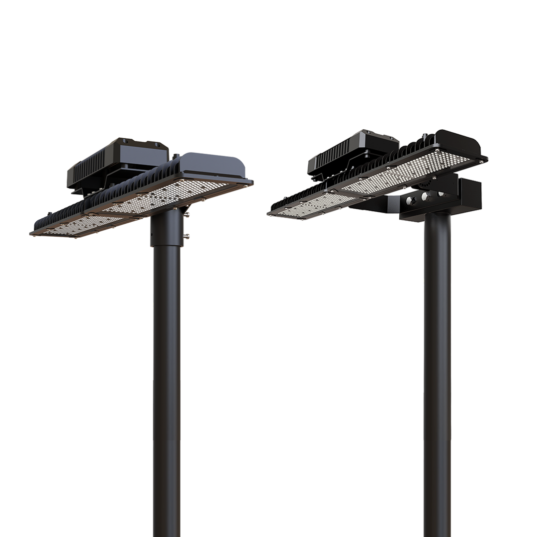 Two black outdoor flood lights on white background