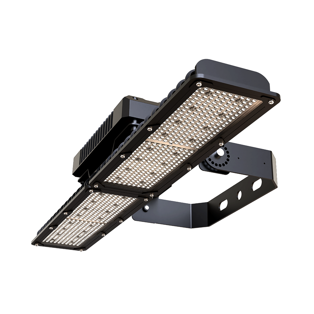 Black industrial LED light fixture on a white background