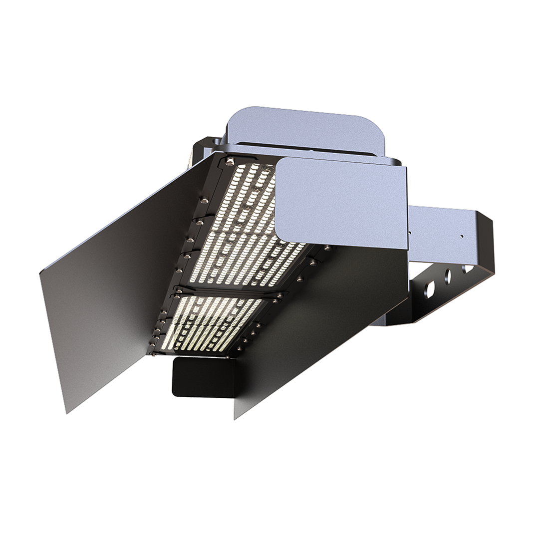 Industrial light fixture with metal reflector on a white background