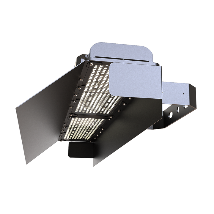 Industrial light fixture with metal reflector on a white background