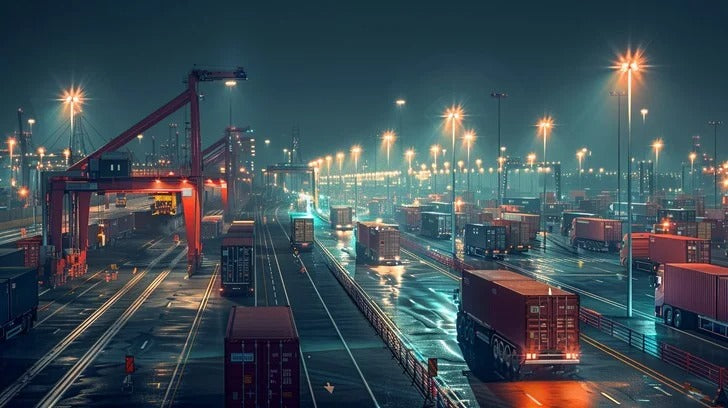 Container yard at night with illuminated cranes and shipping containers.