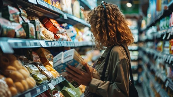 Woman shopping in a grocery store aisle, holding a product