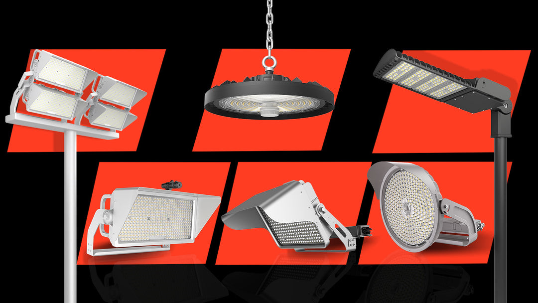Collage of various LED light fixtures on a red background