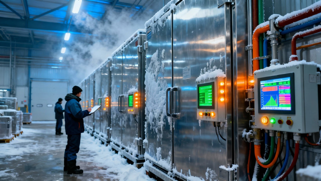 Person inspecting large metallic containers with digital displays in a cold storage facility.